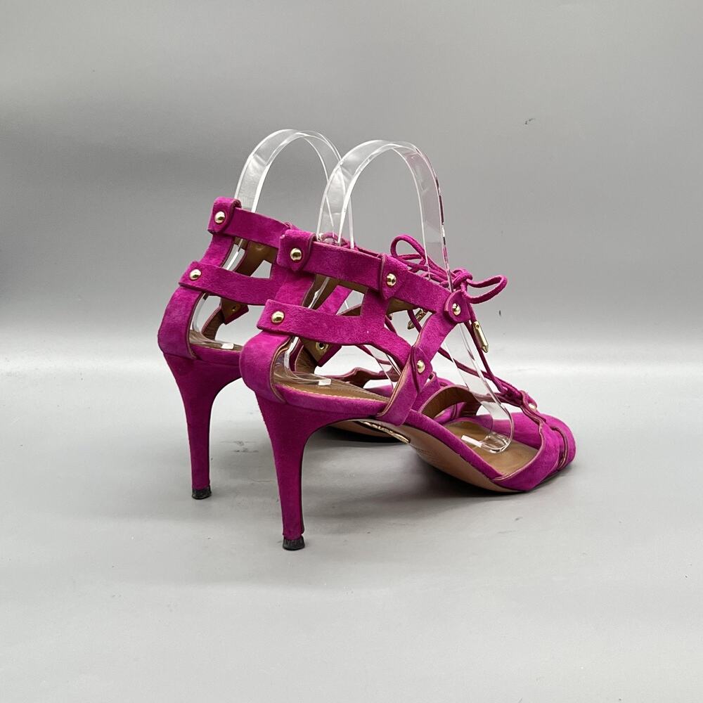 Aquazzura Sandals Womens 9.5 Pink Suede Strappy Lace Up Studded Heel Open Toe - Picture 7 of 11